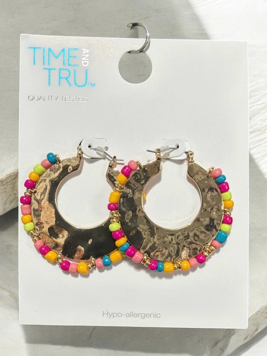 Time and Tru Jewelry - Time and Tru Gold Tone Hoop Earrings with Multicolor Beads